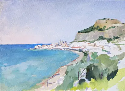 Gouache painting of the iconic view of Cefalù
