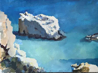 Gouache painting of sea stacks seen from cliffs near Siracusa