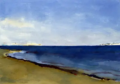 Gouache painting of a dark sea view near Ortigia