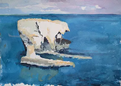 Gouache painting of the Due Fratelli sea stacks near Siracusa