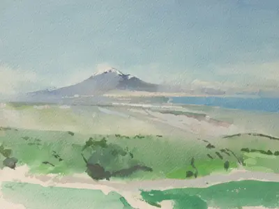 Gouache painting of Mount Etna seen from Sortino