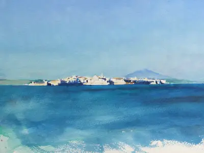 Gouache painting of a distant island seen from Isola near Siracusa
