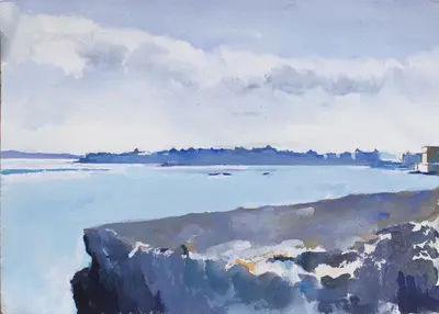 Gouache painting of morning light over Ortigia