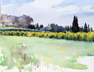 Gouache painting of Sicilian landscape with an orange tree near Siracusa