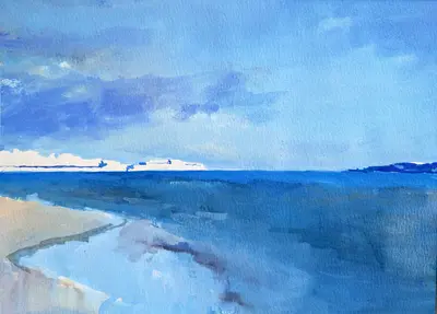 Gouache painting of Ortigia under purple evening clouds