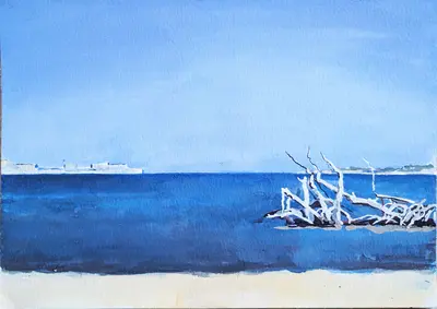 Gouache painting of flotsam and tree trunk in the sea near Ortigia