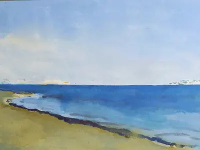 Gouache painting of the distant horizon and Ortigia