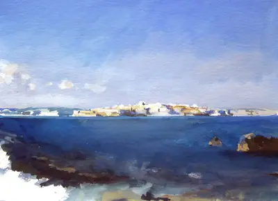 Gouache painting of Ortigia seen from Isola