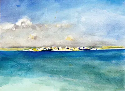 Gouache painting of Ortigia seen from Isola