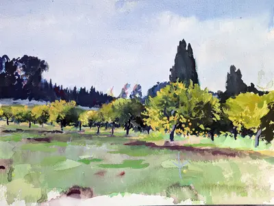 Gouache painting of winter landscape with an orange tree near Siracusa