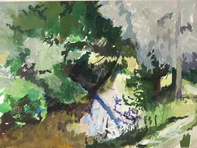 Gouache study of abstract tree reflections in the River Stour