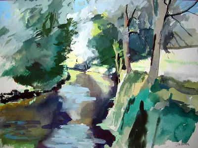 Gouache abstract composition of the River Stour