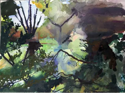 Gouache abstract study of trees and river on the Stour in Canterbury