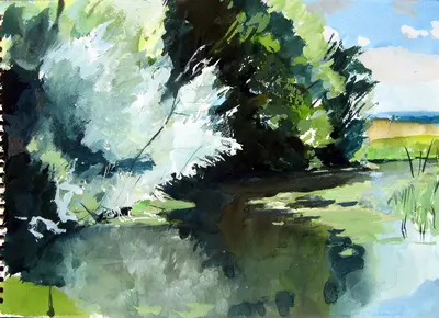 Gouache painting of willow trees on the River Stour in chiaroscuro light