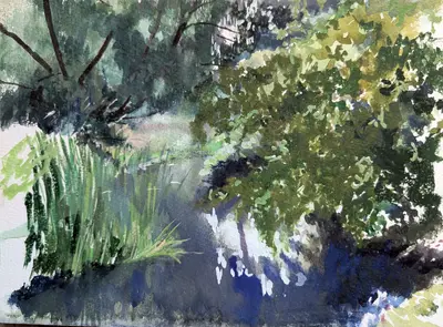 Gouache painting of willow reflections on the River Stour
