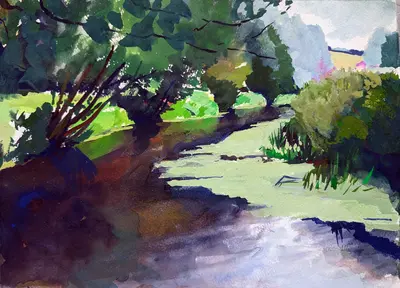 Gouache painting of duckweed and riverbank on the River Stour