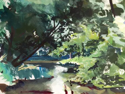 Gouache painting of the swollen River Stour after rain
