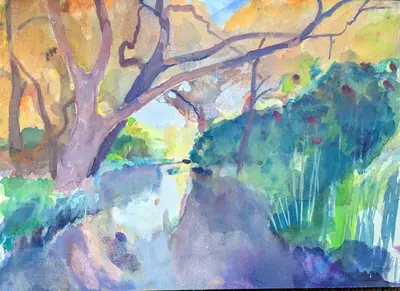 Gouache painting of the River Stour in bright light