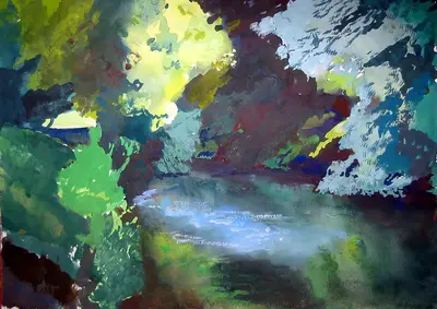 Gouache painting of reflections in the River Stour