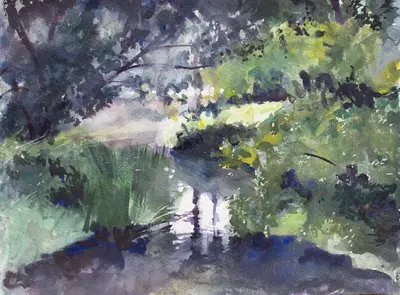 Gouache painting of ripples on the River Stour in Canterbury