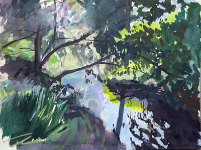 Gouache painting of river reflections beside a path on the River Stour