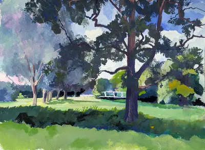 Gouache painting of oak shade along the River Stour bank