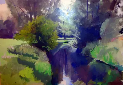 Gouache painting of the River Stour at Godmersham in a meditative light