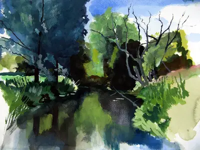Gouache painting of a tranquil view on the River Stour