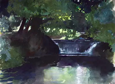 Gouache painting of a hidden weir on the River Stour