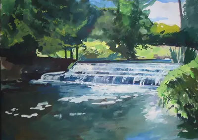 Gouache painting of a weir on the River Stour near Godmersham