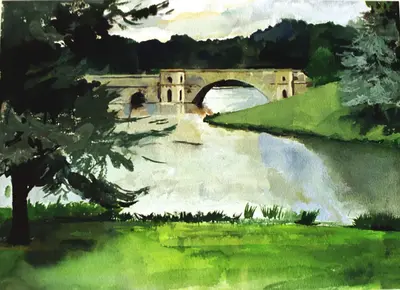 Gouache painting of the grand bridge at Blenheim Palace