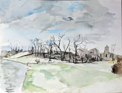 Gouache painting of the River Cam at Fen Ditton, Cambridge