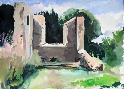 Gouache painting of an old church in Kent