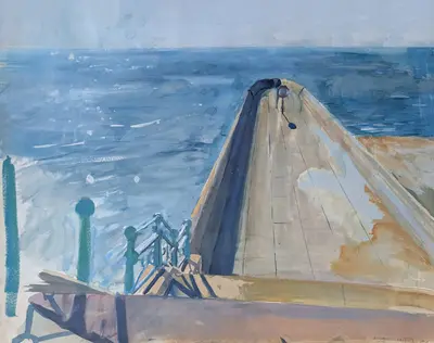 Gouache painting of the seafront at Peacehaven