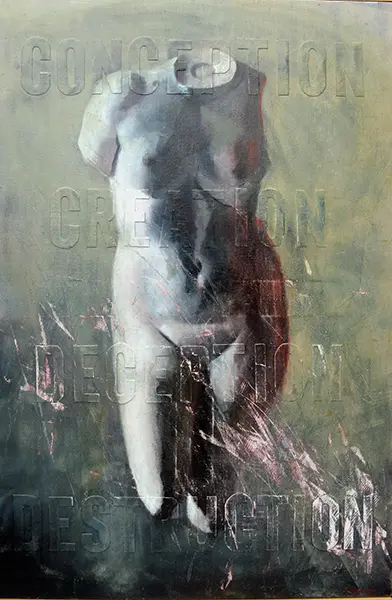 More defined embossed classical statue emerging through reflected light