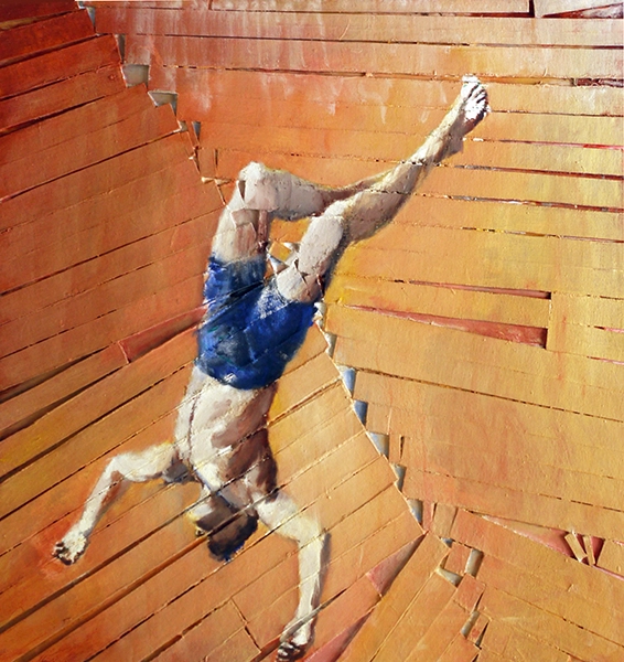 Male figure spinning in mid-air against fragmented red wood strips