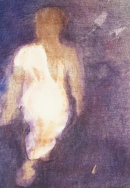 Female figure emerging through orange acrylic fur beneath a tarlatane veil